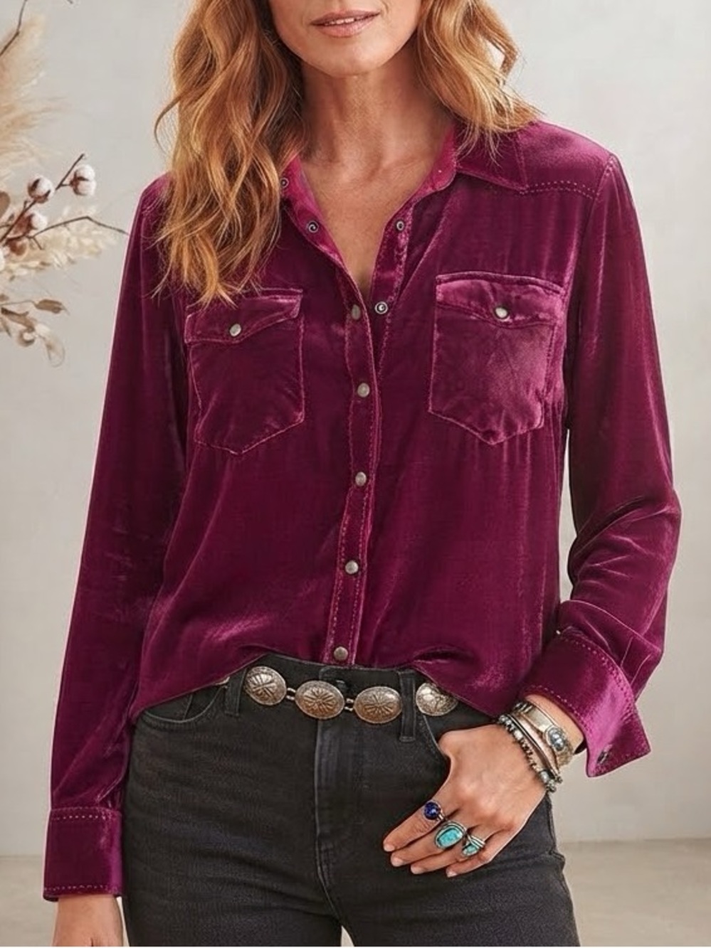 Sundance Magenta Silk Velvet Western Snap Button Down Shirt Medium Whimsigoth
